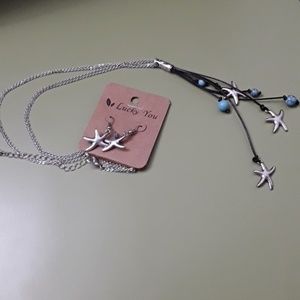 NWOT Silver Tone Starfish Necklace & Earrings Jewelry Set